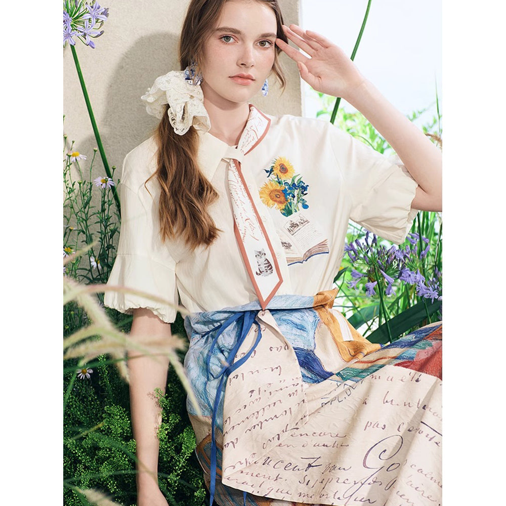 向日葵とアイリスのリボンブラウス