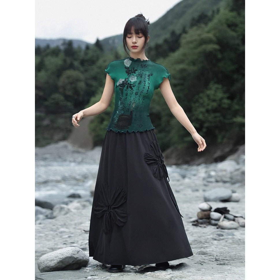 詩句と花絵画ハイネックトップス