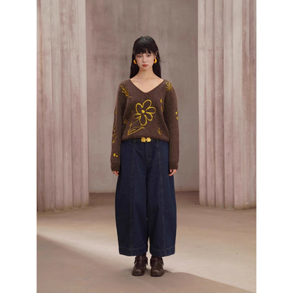 植物の刺繍ニットセーター