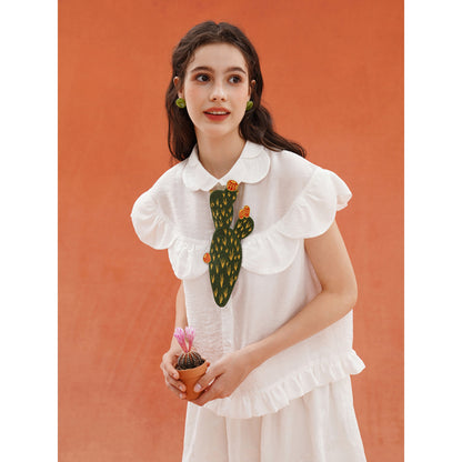 サボテンと花の刺繍ネクタイ - Dark Green