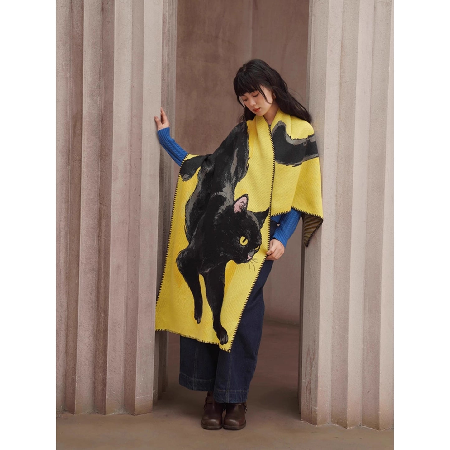 黒猫の挿絵ニットストール
