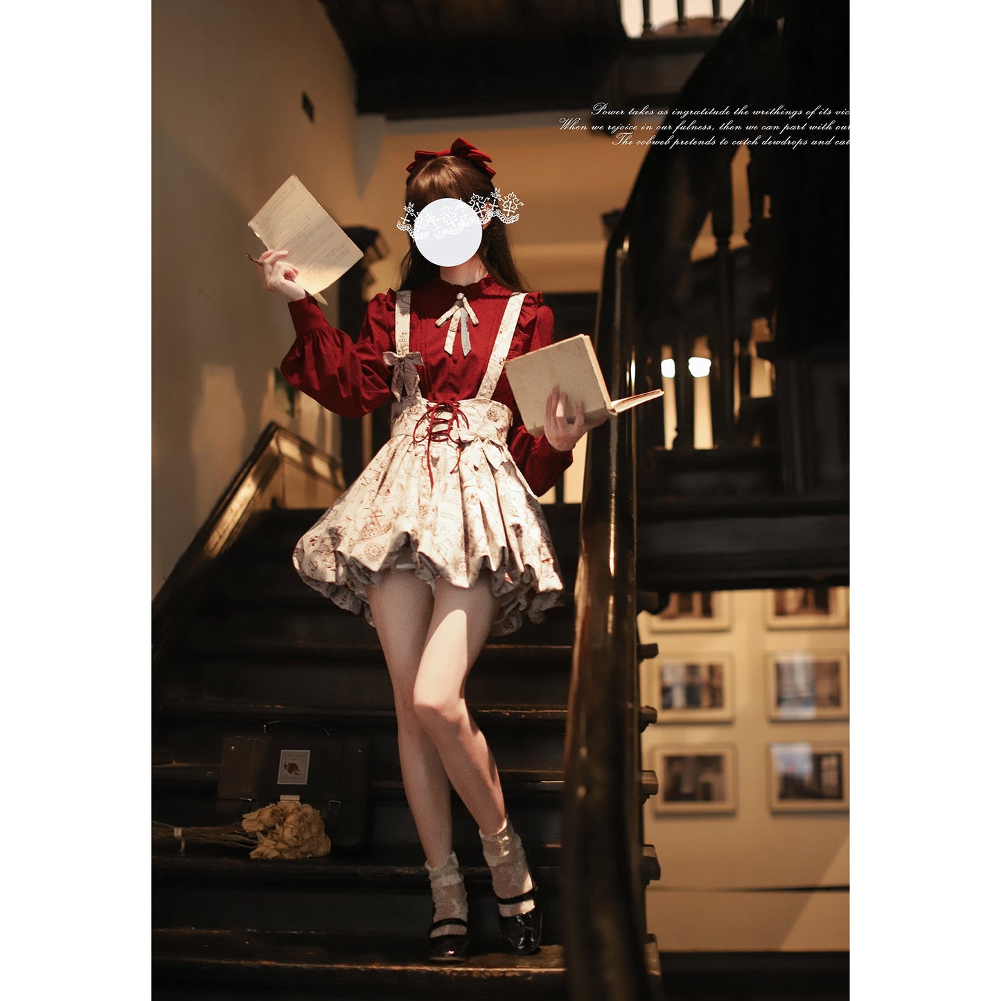 帆船と羅針盤の線画ストラップバルーンスカートとブラウス - Wine Red