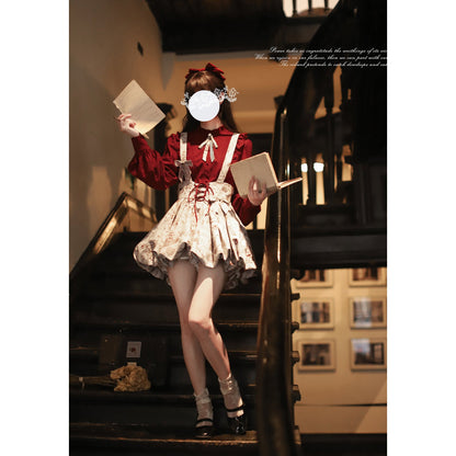 帆船と羅針盤の線画ストラップバルーンスカートとブラウス - Wine Red