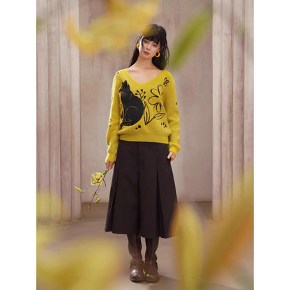 黒猫と花の刺繍ニットセーター
