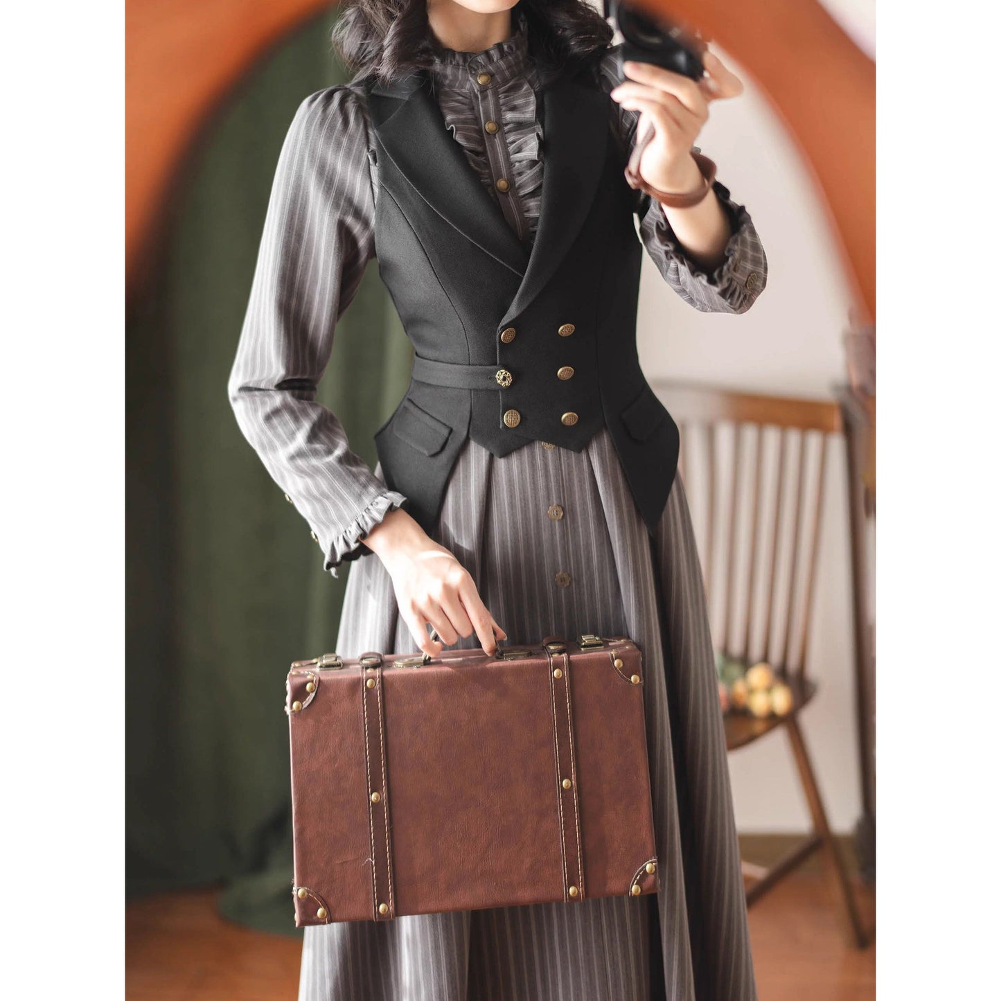 英国のお嬢様のクラシカルストライプワンピース - Gray