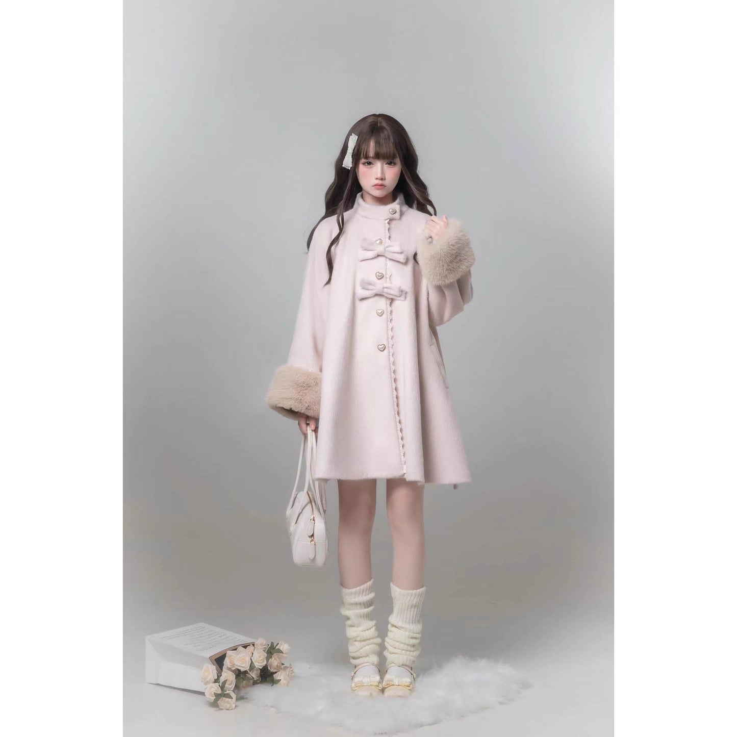 桜色のお嬢様のリボンファーウールコート