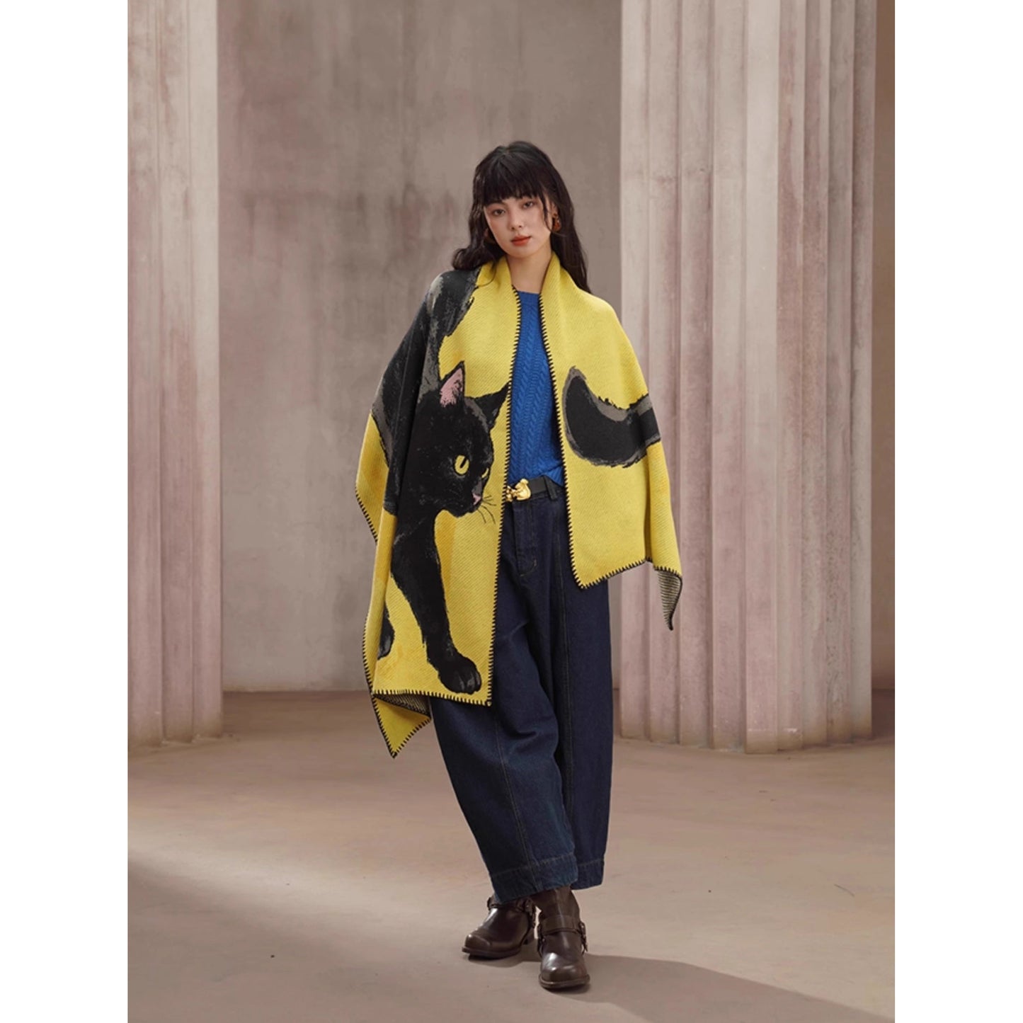 黒猫の挿絵ニットストール