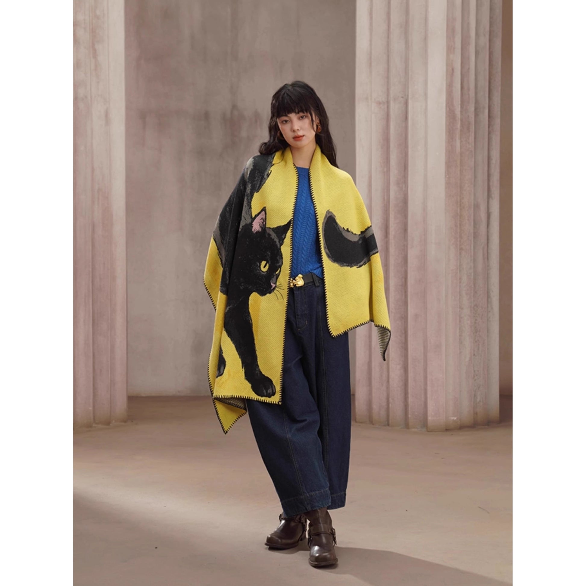 黒猫の挿絵ニットストール