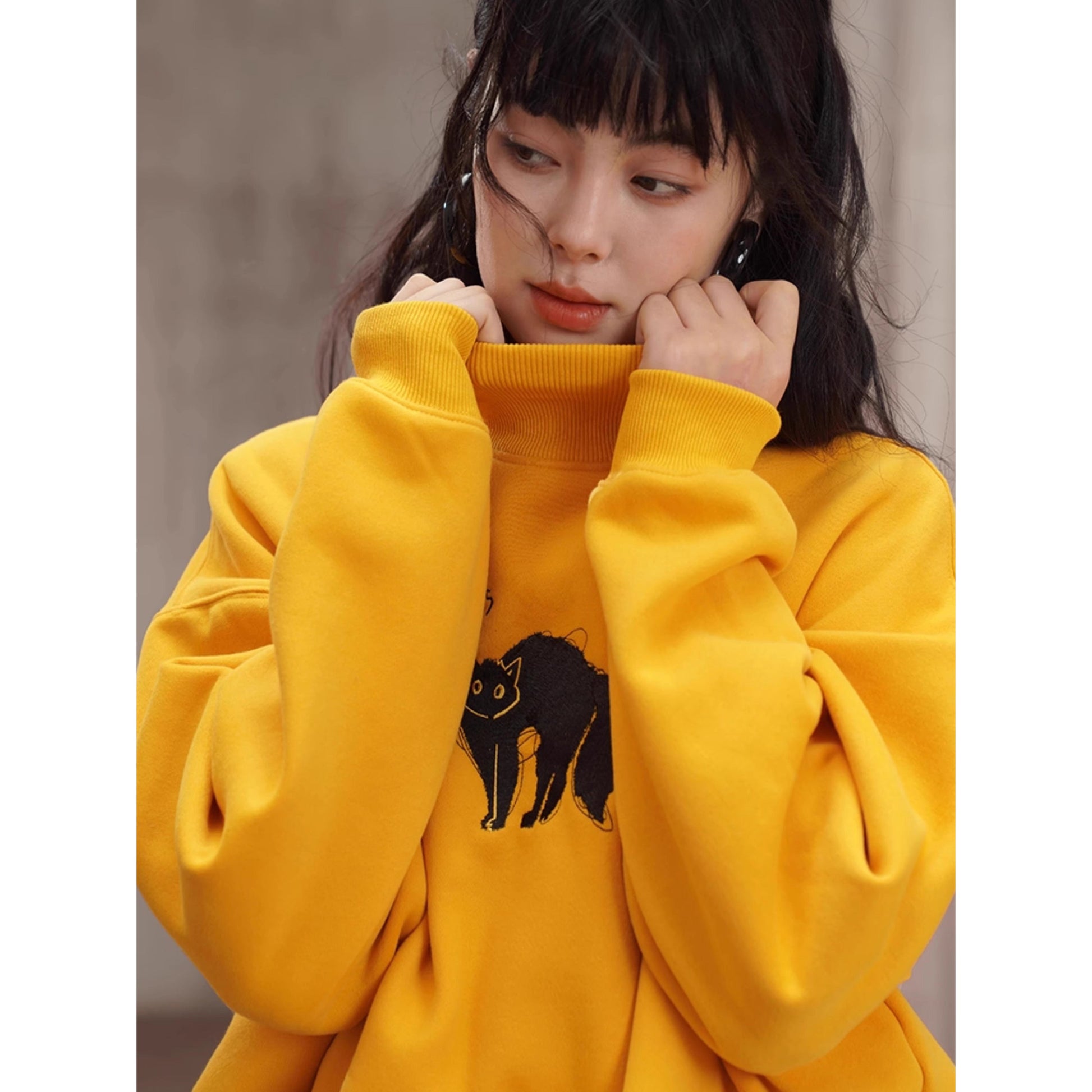 黒猫の刺繍ハイネックスウェット