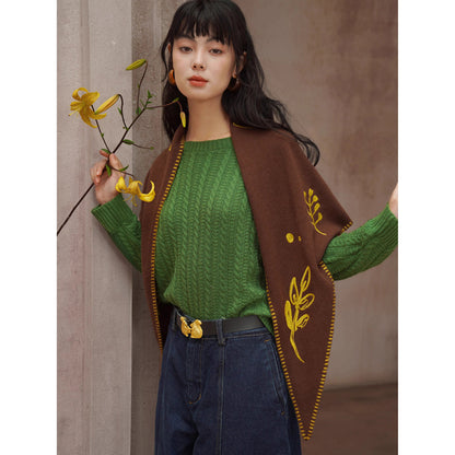 植物の刺繍ウールマフラー