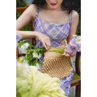 菫色の格子柄キャミソールワンピース