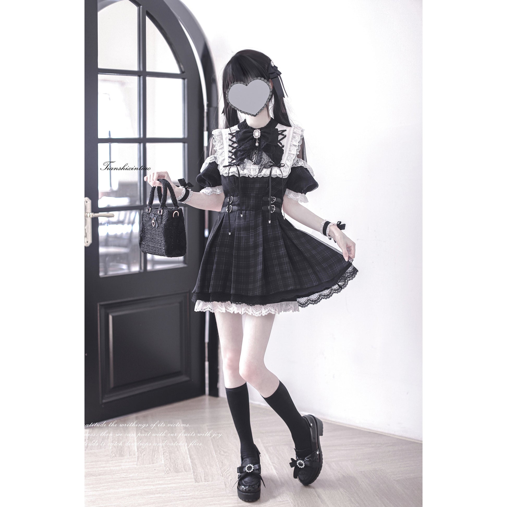 漆黒の堕天使の刺繍フリルワンピース