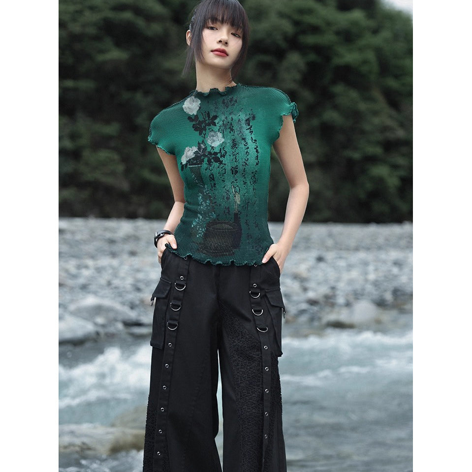 詩句と花絵画ハイネックトップス