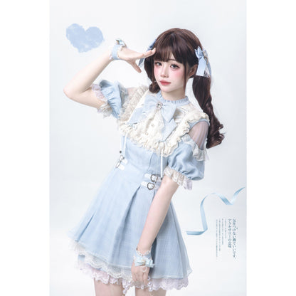 水色の天使の刺繍フリルワンピース