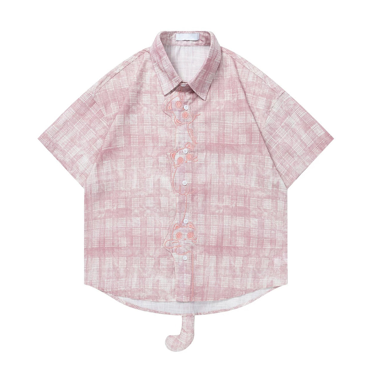 子猫の刺繍レトロチェックシャツ - Light Pink