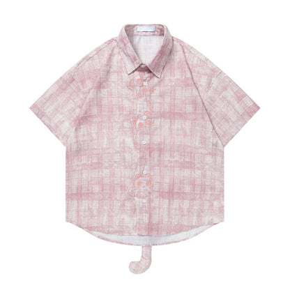 子猫の刺繍レトロチェックシャツ - Light Pink
