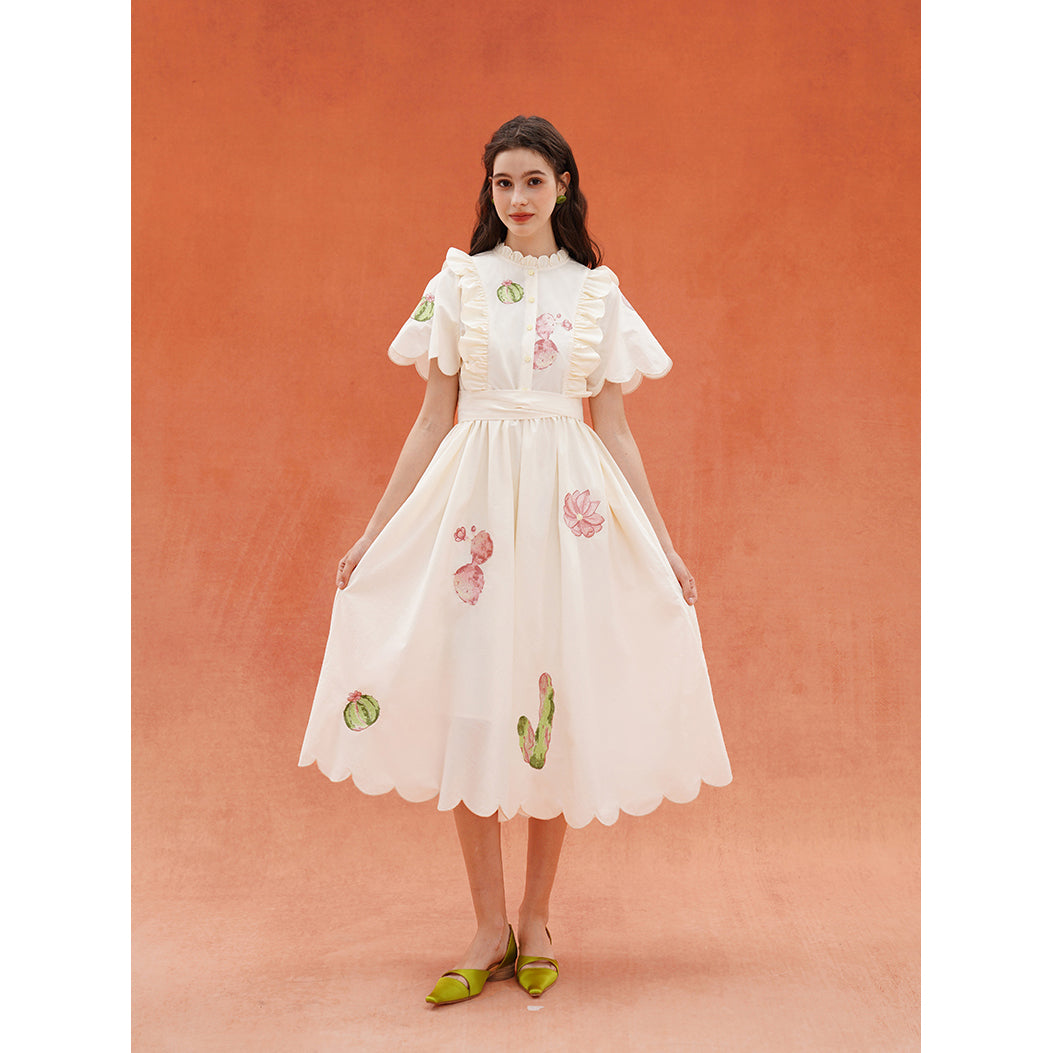 サボテンと花の刺繍レトロワンピース