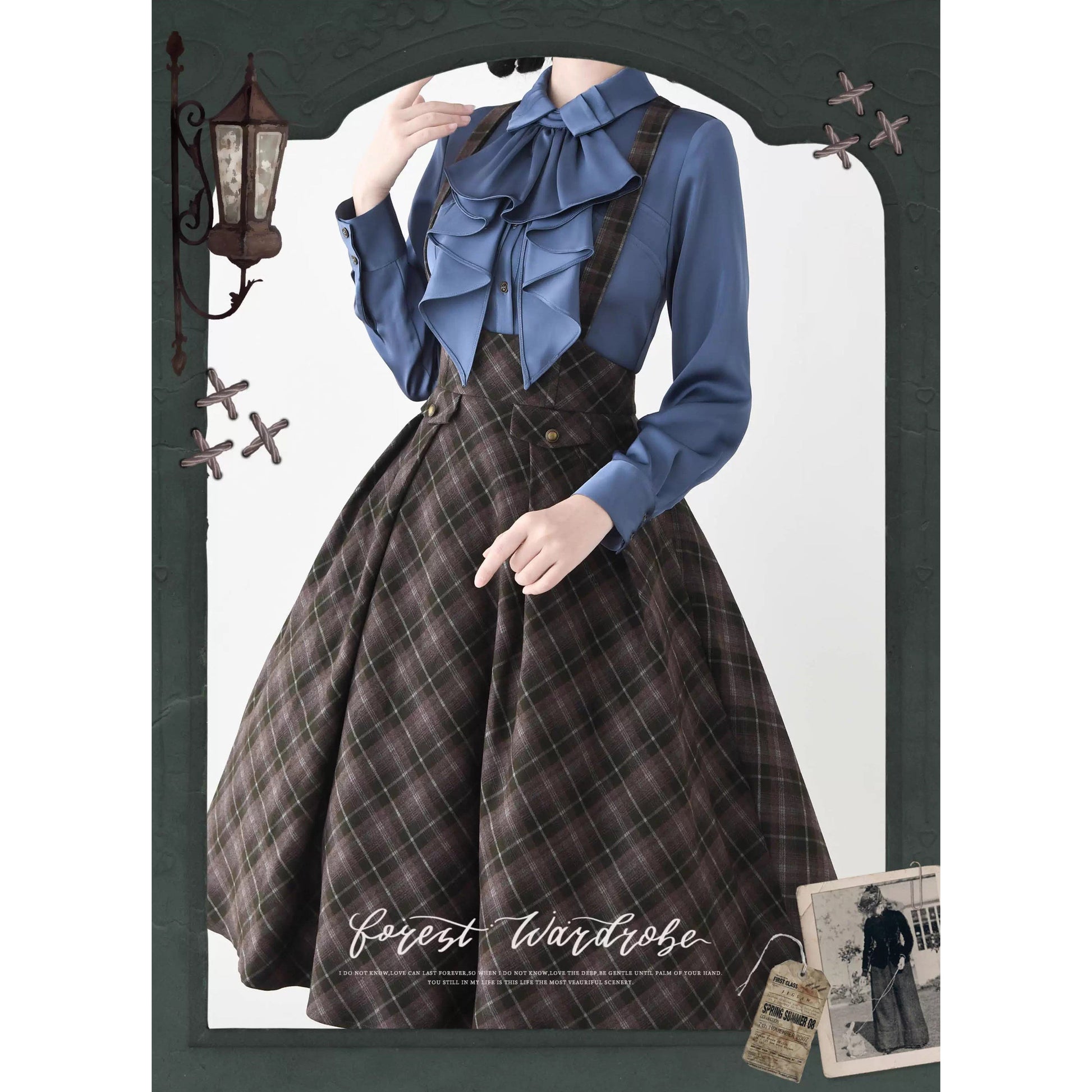 英国のお嬢様のクラシカルジャンパースカート - Olive Gray Checked