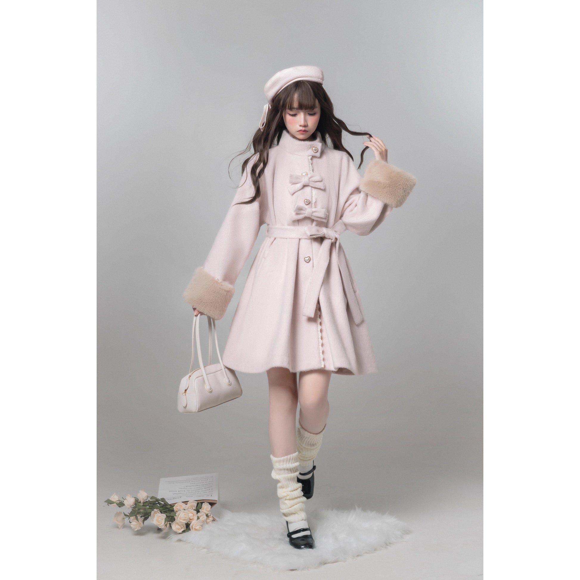 桜色のお嬢様のリボンファーウールコート