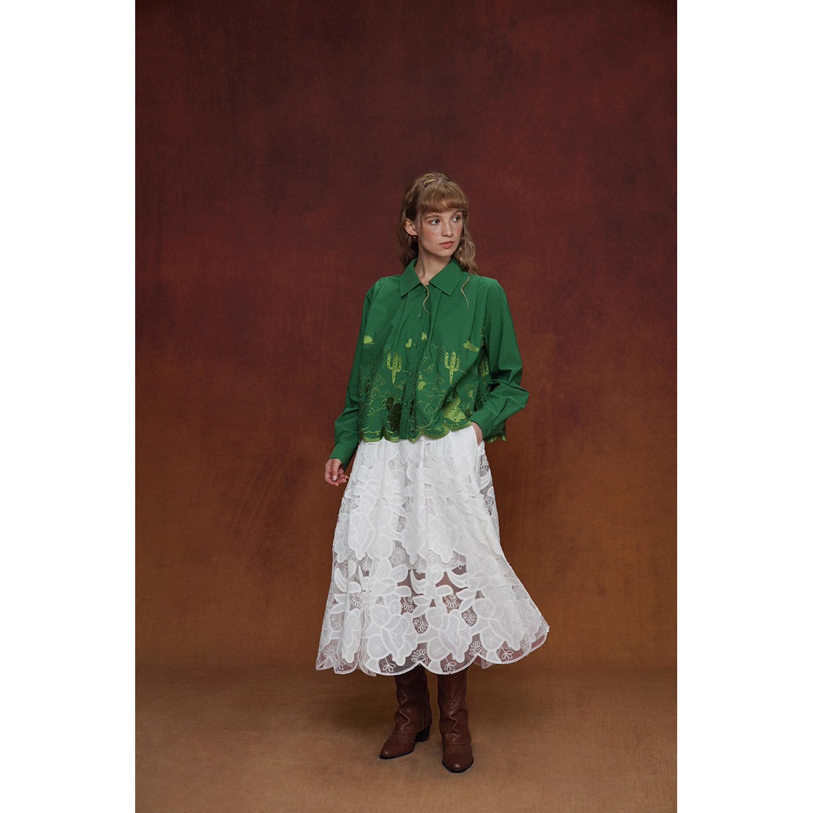 サボテンの刺繍ブラウスとスカート - Green