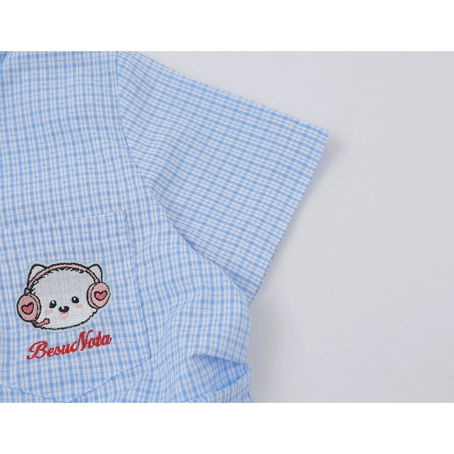 子猫の刺繍チェックシャツ - Sky Blue Check