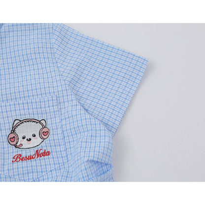 子猫の刺繍チェックシャツ - Sky Blue Check