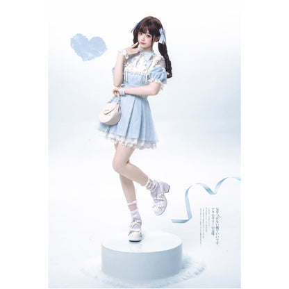 水色の天使の刺繍フリルワンピース