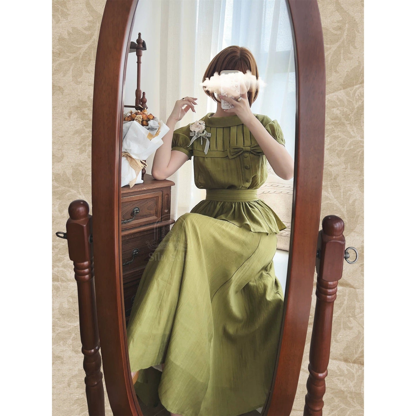 銀幕のお嬢様のブラウスとスカート - Moss Green