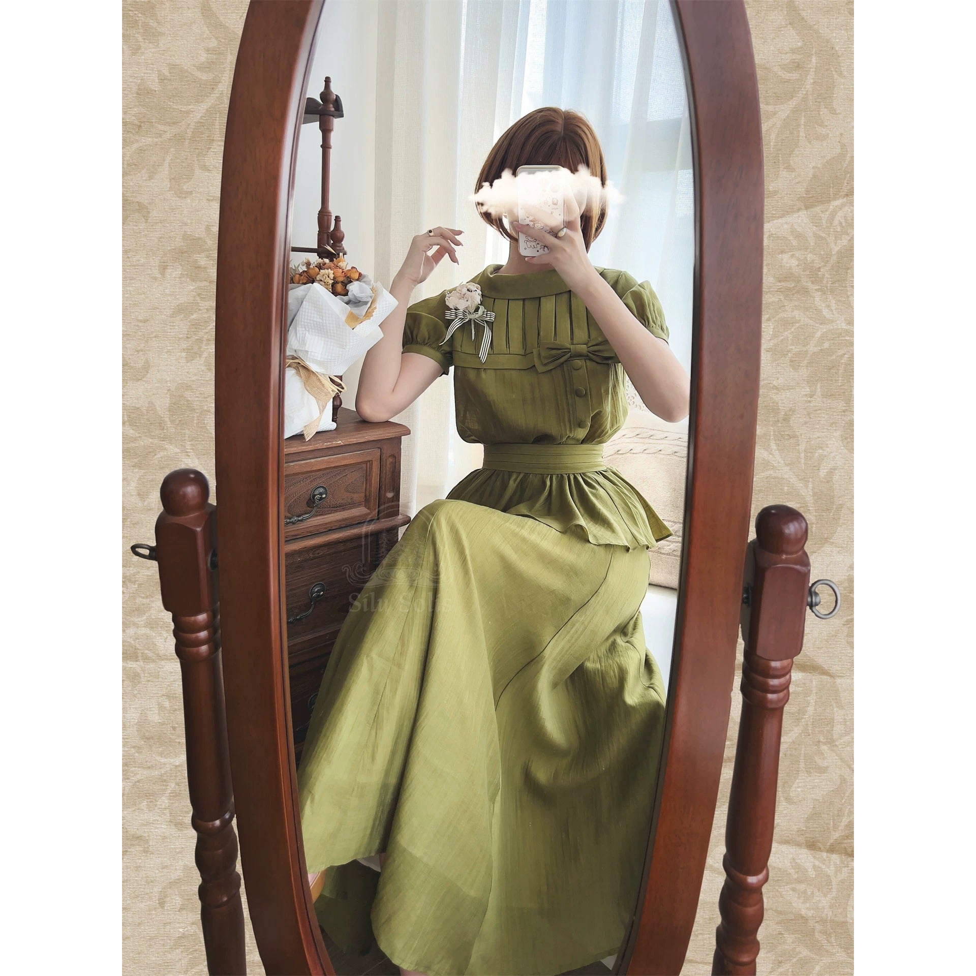 銀幕のお嬢様のブラウスとスカート - Moss Green