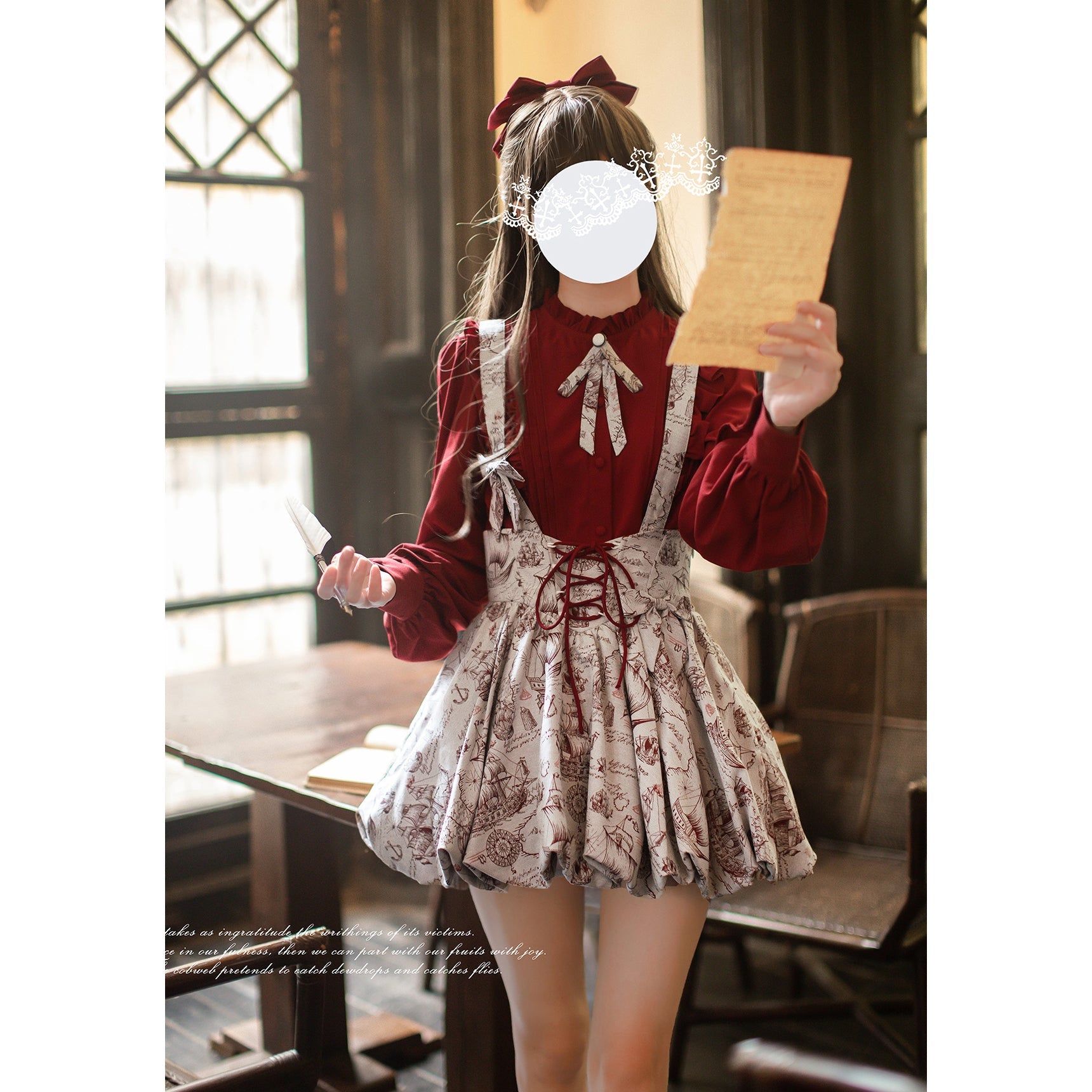 帆船と羅針盤の線画ストラップバルーンスカートとブラウス - Wine Red