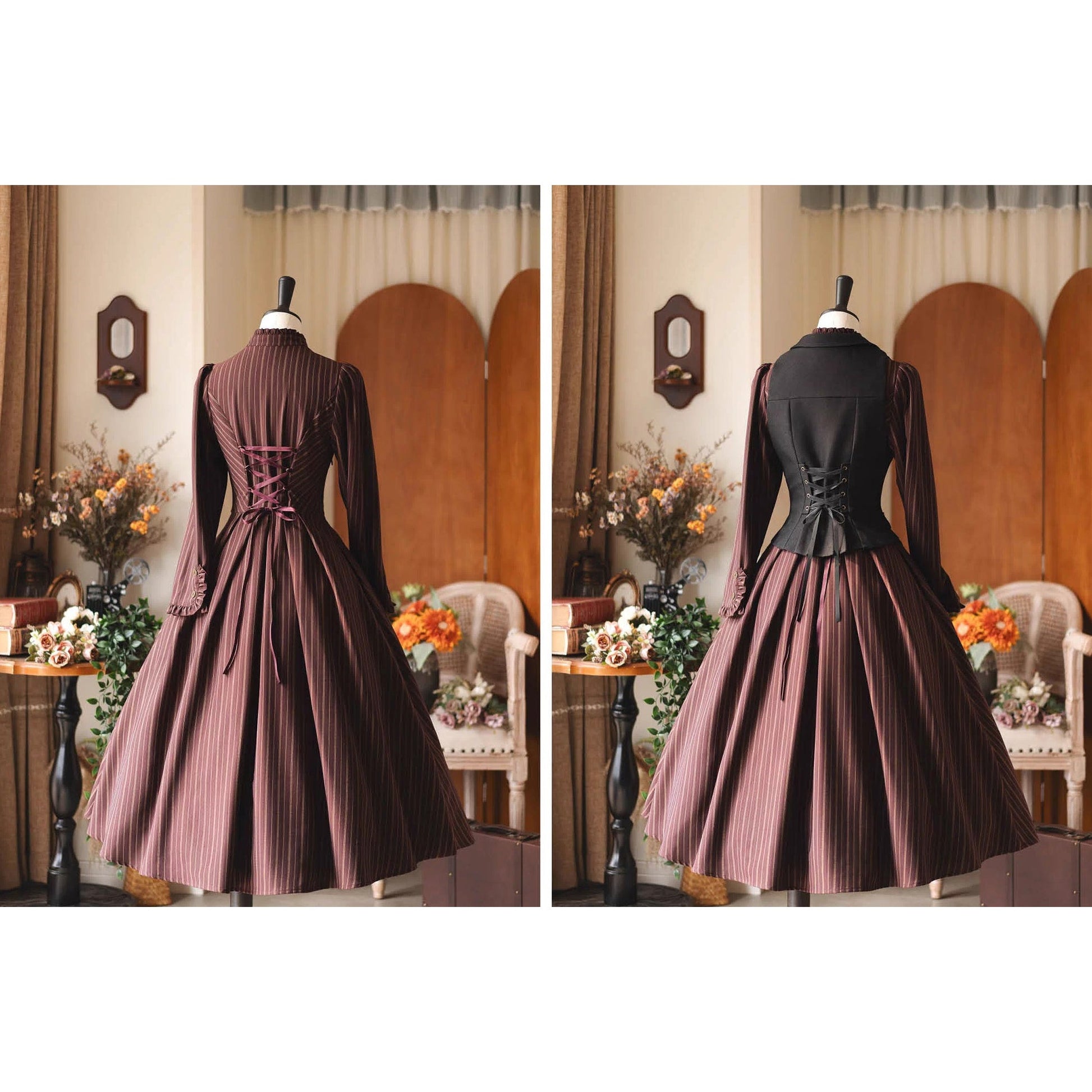 英国のお嬢様のクラシカルストライプワンピース - Burgundy