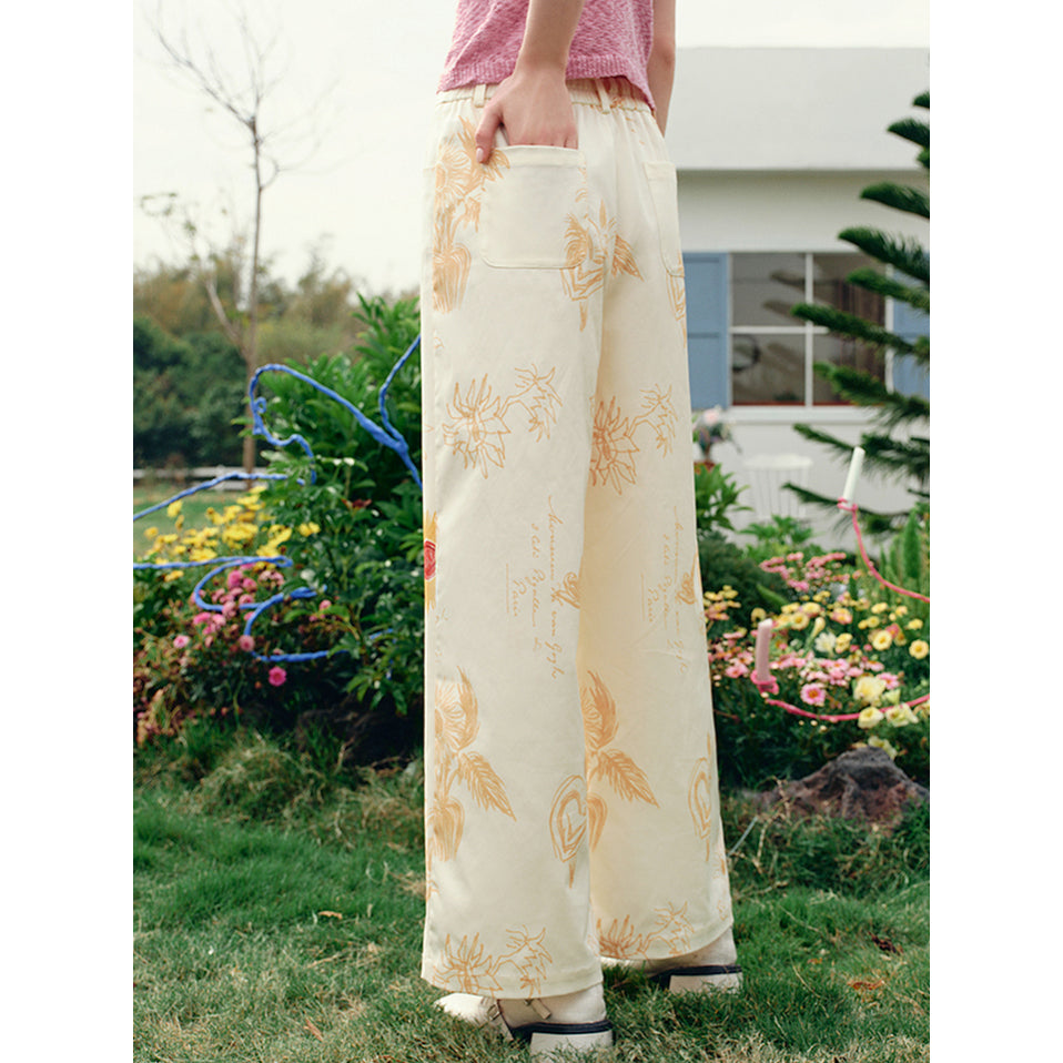 向日葵の花の描画ワイドパンツ