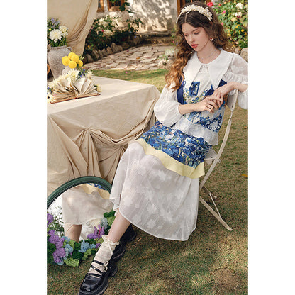 アイリスの花の油彩画ティアードワンピース