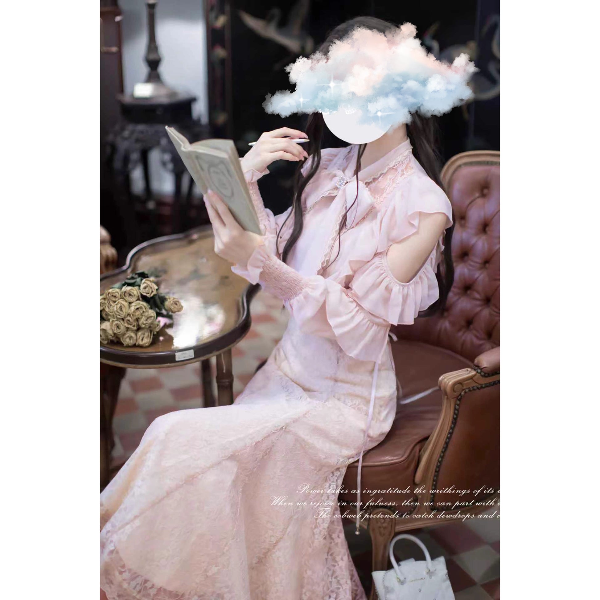 薄桜の令嬢のリボンブラウスとマーメイドスカート