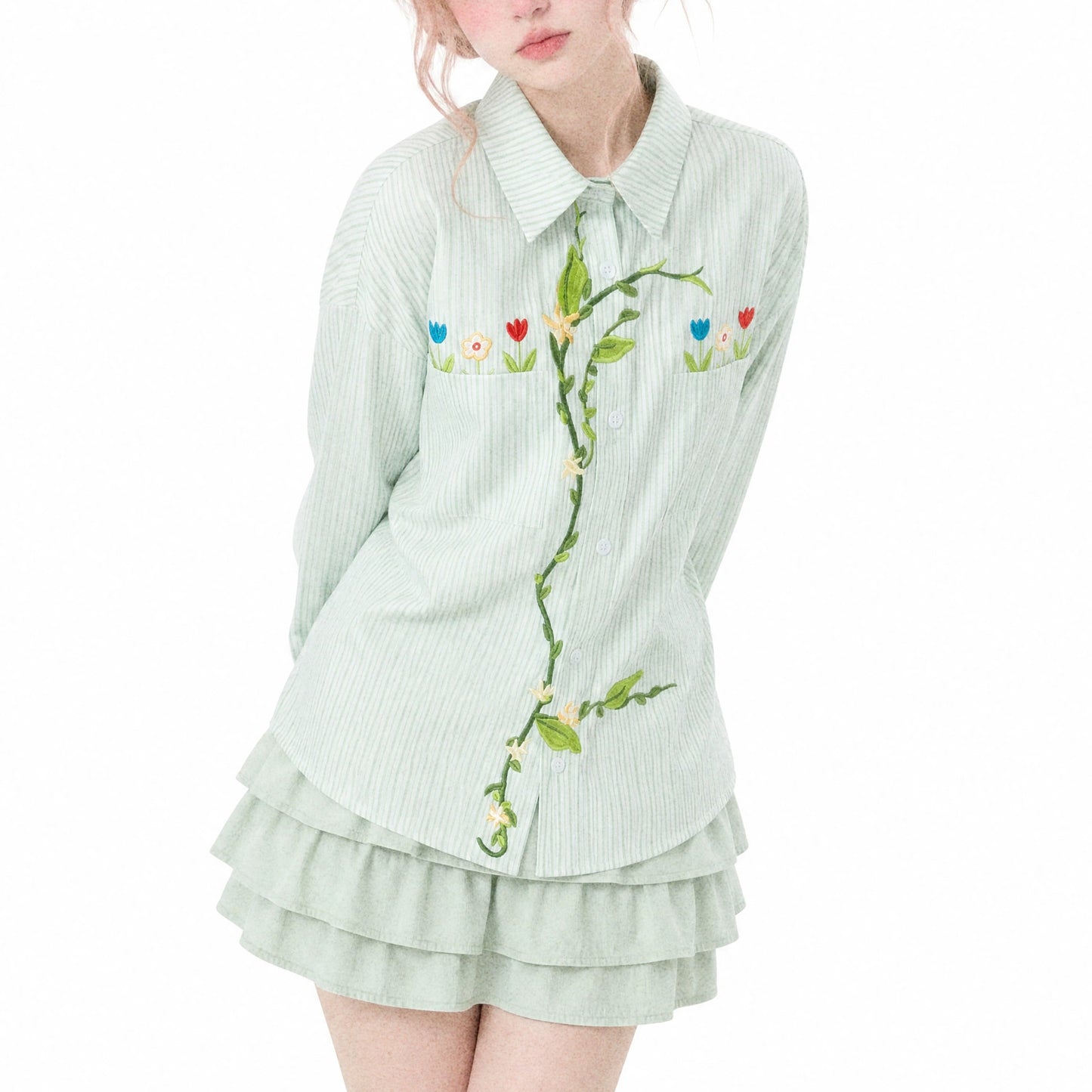 草花の刺繍ブラウス - Asparagus Green