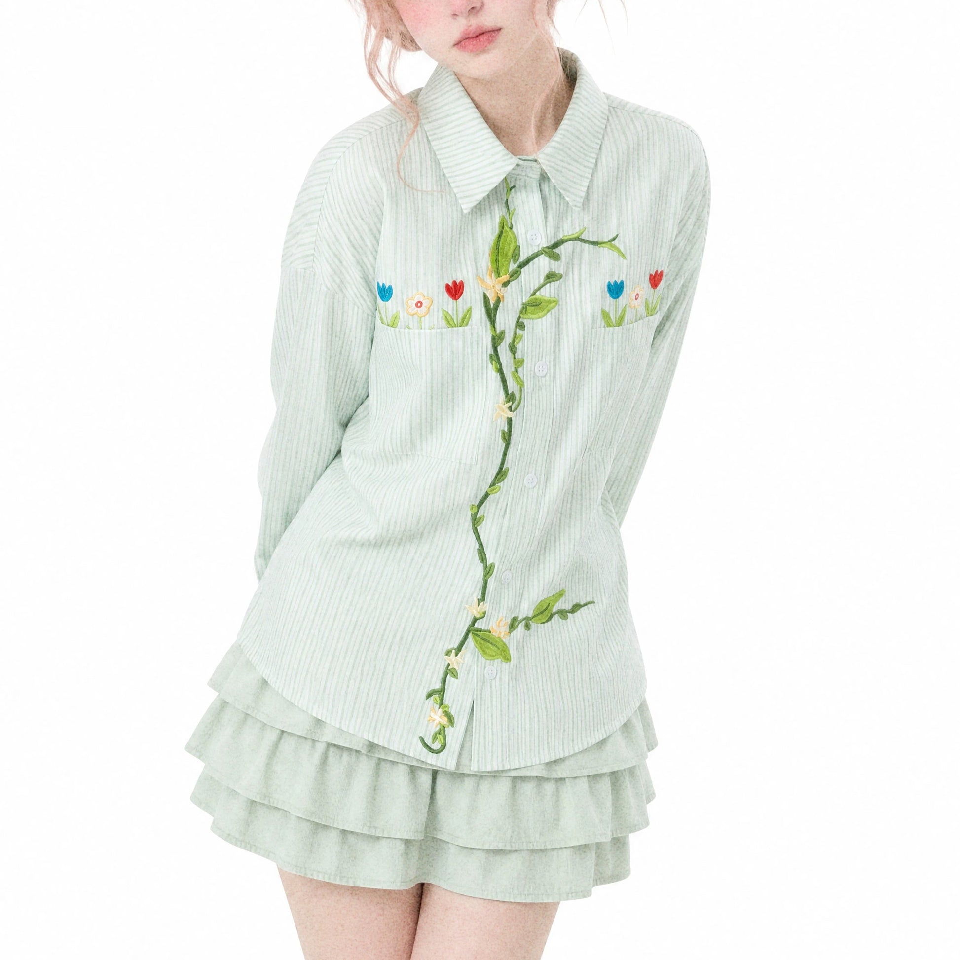 草花の刺繍ブラウス - Asparagus Green