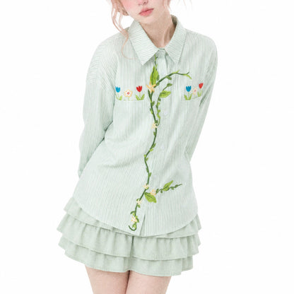 草花の刺繍ブラウス - Asparagus Green