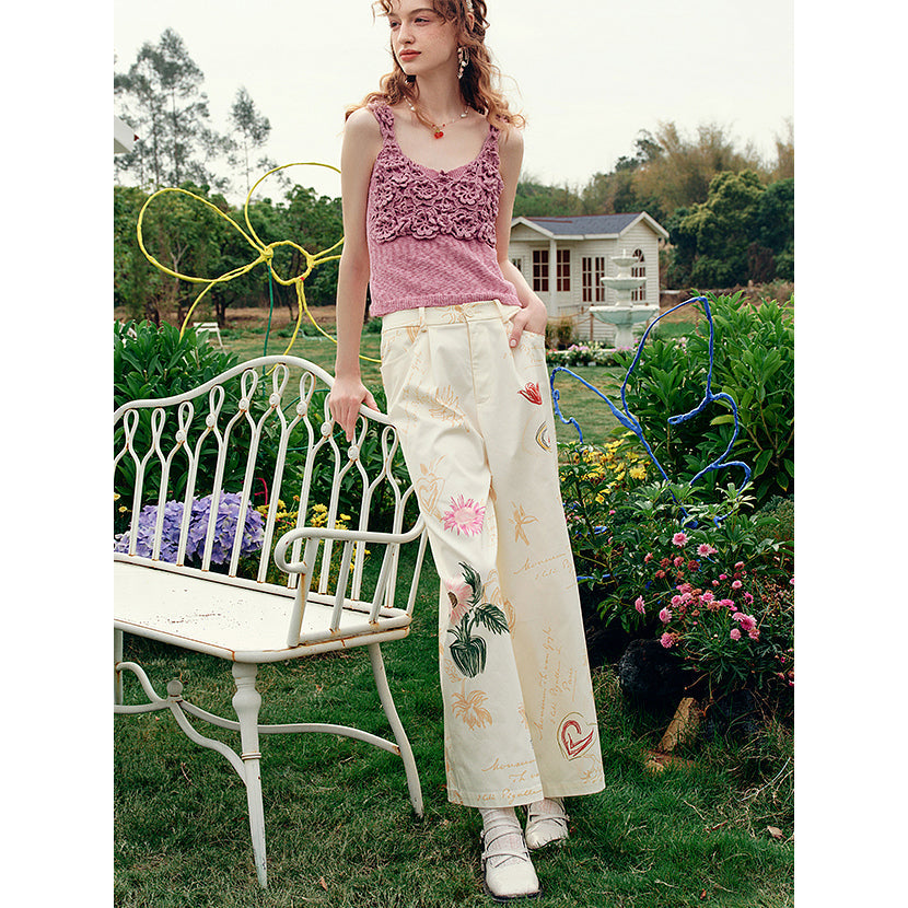 向日葵の花の描画ワイドパンツ