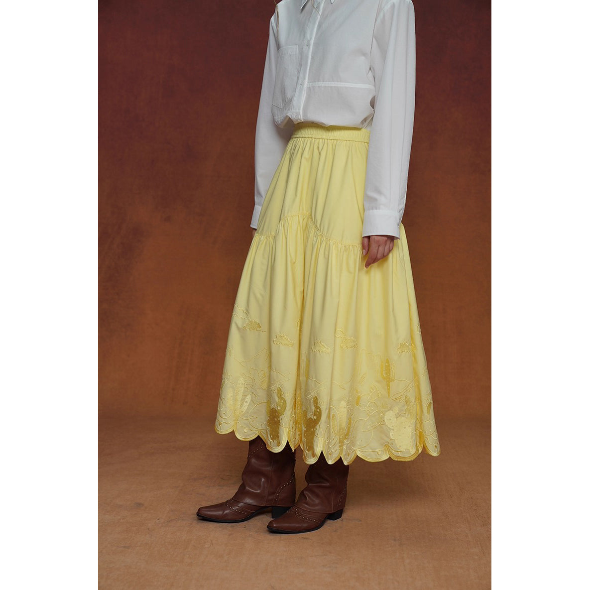 サボテンの刺繍ブラウスとスカート - Yellow