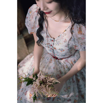 庭園の花の挿絵フレンチレトロワンピース