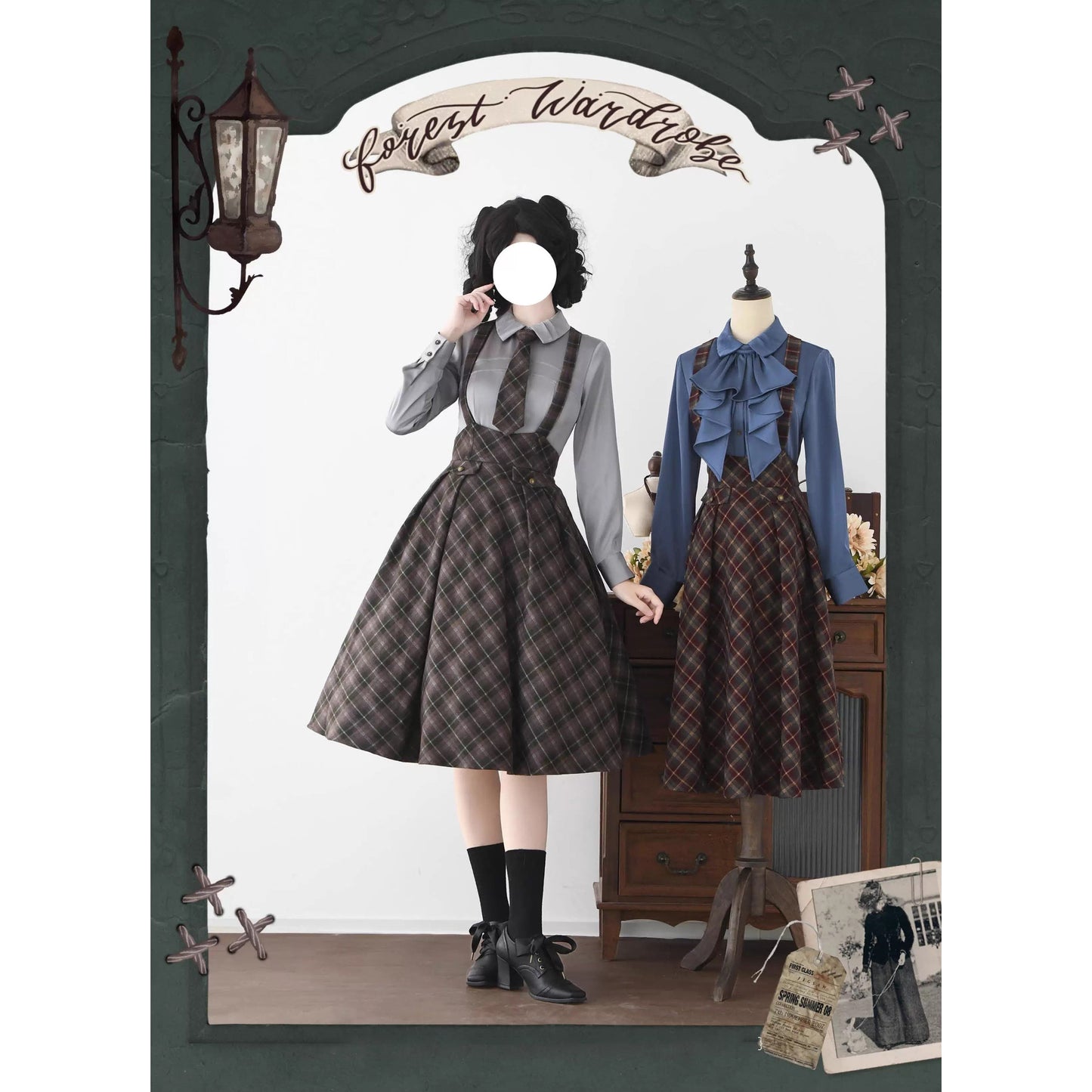 英国のお嬢様のクラシカルジャンパースカート - Olive Gray Checked