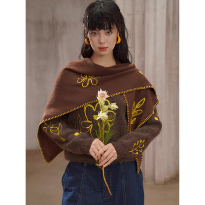 植物の刺繍ウールマフラー