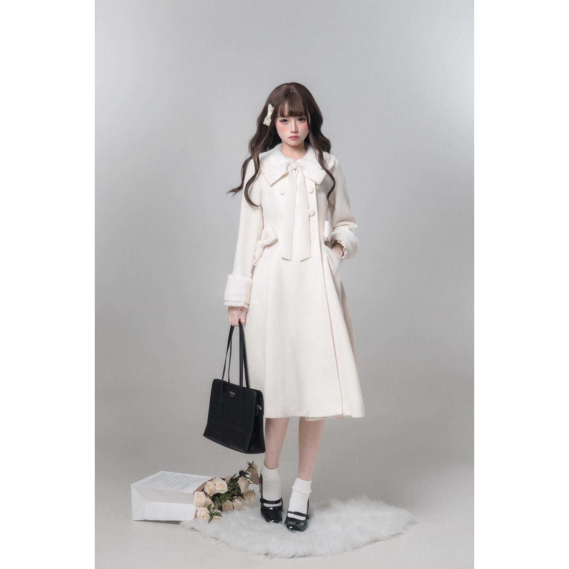 白雪のお嬢様のリボンウールコート