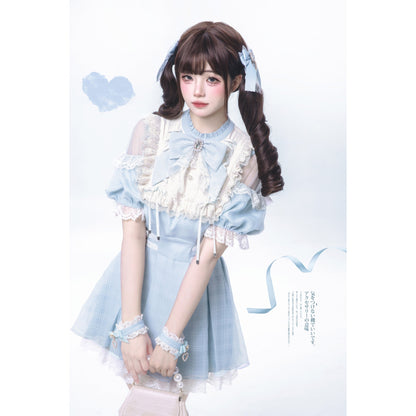 水色の天使の刺繍フリルワンピース