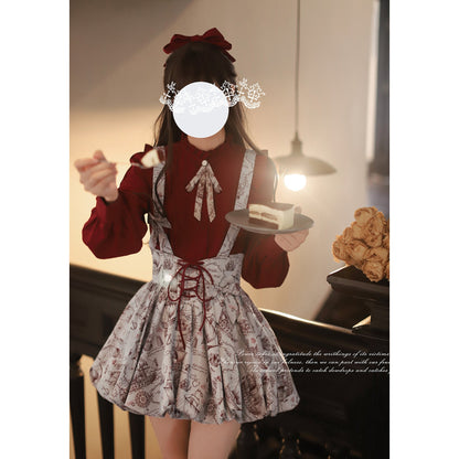 帆船と羅針盤の線画ストラップバルーンスカートとブラウス - Wine Red