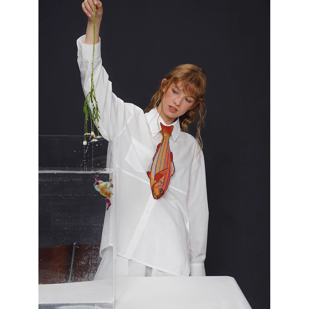 お魚の刺繍ネクタイ（オレンジ）