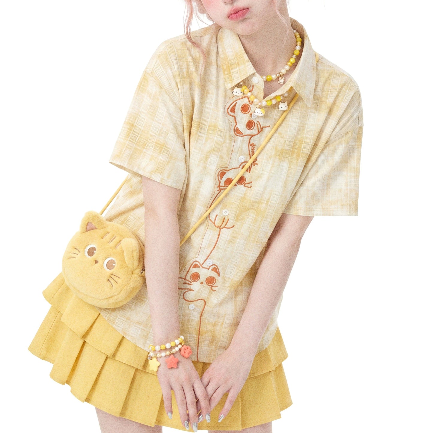 子猫の刺繍レトロチェックシャツ - Light Yellow