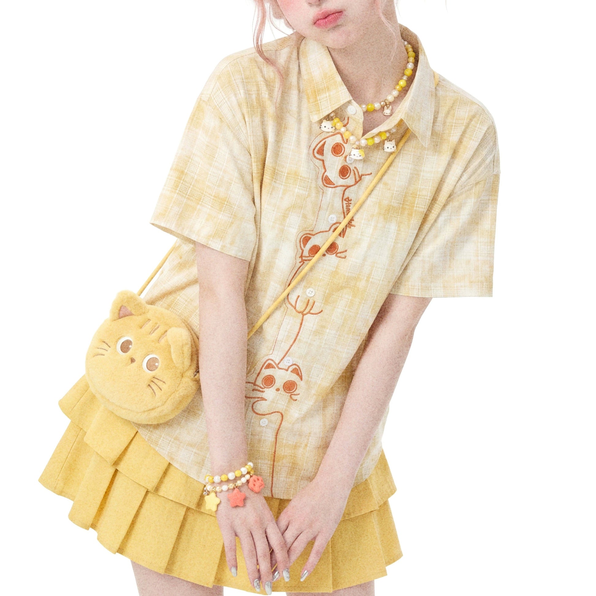 子猫の刺繍レトロチェックシャツ - Light Yellow