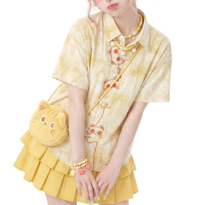 子猫の刺繍レトロチェックシャツ - Light Yellow