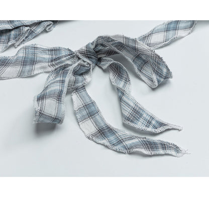 灰藍格子柄のフリルショートシャツ